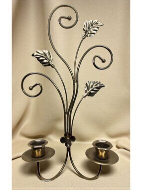 Vintage HOMCO Brass Leaf Scroll Double Candle Holder Wall Sconce